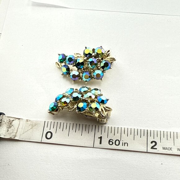 Vintage Aurora Borealis Rhinestone Necklace & Earrings Set Gold Tone Floral Clus - Picture 12 of 14
